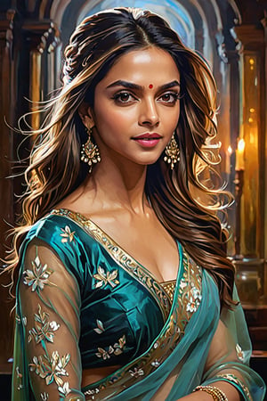 Here's a prompt for an oil painting that captures the essence of your request:

Create a breathtaking vertical oil painting of Deepika Padukone as Mozart, a female reimagining of the composer, set against a rich, deep background. Depict her in an action pose, with medium-long fuzzy hair framing her face and perfect symmetric eyes shining bright. Her gorgeous face is lit by volumetric lighting, showcasing intricate details and layering. The portrait is layered with cells, adhering to the golden ratio for balanced composition. Sharp focus and depth of field draw attention to her 38C bust, dressed in a formal blouse and transparent saree that shimmers like fairy dust. This masterpiece embodies Jeremy Mann, Carne Griffiths, and Robert Oxley's artistic styles, exuding determination and sophistication.