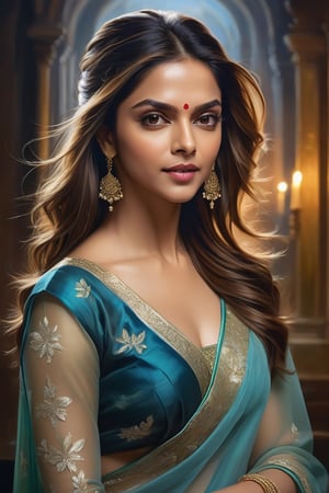 Here's a prompt for an oil painting that captures the essence of your request:

Create a breathtaking vertical oil painting of Deepika Padukone as Mozart, a female reimagining of the composer, set against a rich, deep background. Depict her in an action pose, with medium-long fuzzy hair framing her face and perfect symmetric eyes shining bright. Her gorgeous face is lit by volumetric lighting, showcasing intricate details and layering. The portrait is layered with cells, adhering to the golden ratio for balanced composition. Sharp focus and depth of field draw attention to her 38C bust, dressed in a formal blouse and transparent saree that shimmers like fairy dust. This masterpiece embodies Jeremy Mann, Carne Griffiths, and Robert Oxley's artistic styles, exuding determination and sophistication.