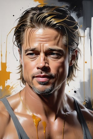 Oil painting with heavy brushstrokes and paint drips, depicting a striking portrait of Brad Pitt in an action pose. Showcase his rugged features, including his tousled hair and chiseled facial structure. The painting should be executed by celebrated artists like Jeremy Mann, Carne Griffiths, or Robert Oxley, utilizing rich, deep colors and layered shading techniques. Employ the golden ratio for composition and aim for an award-winning level of detail and professionalism. Utilize volumetric lighting to accentuate Pitt's features and create a masterpiece quality. Ensure the painting captures Pitt's physique with precision and attention to detail. The artwork should be trending on ArtStation, portraying Pitt in a modern, sleek, and highly detailed manner.