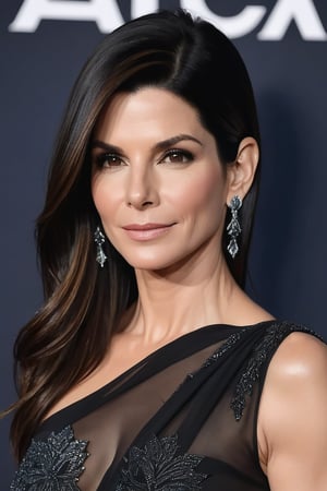 Sandra Bullock-inspired beauty stands tall in a formal yet trendy setting. A wolf cut black hair cascades down her back like a waterfall of night sky, adorned with subtle highlights that catch the soft light. Her determined gaze pierces through the frame, juxtaposed with the gentle curves of her 36D bustline. She wears a striking black transparent saree that hugs her figure, showcasing every contour and muscle definition. The vertical composition emphasizes her statuesque presence, as if she's about to take on the world. A hint of fairy tone magic surrounds her, elevating the overall mystique and allure.