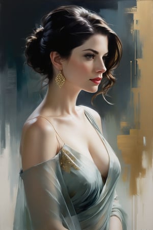 Jeremy Mann's oil painting presents Anne hathway in an exquisite portrait, donning an elegant blouse and flowing transparent saree against a subtle background. The Trendsetter wolf cut black hair flows down her back like a waterfall, framing the 38C bust perfectly. Volumetric lighting accentuates her facial curves, while heavy brushstrokes and layered shading create a textured image reminiscent of Carne Griffiths' work. The golden ratio guides the eye to her symmetric eyes, radiating determination. Rich colors bring this masterpiece to life, with perfect composition and sharp focus adding depth and dimensionality.