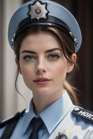 a breathtakingly beautiful caucasian woman Anne hathway from Russian, loose hair, big 
 buttock,female police  uniform, perfect symmetric eyes, natural skin texture, hyperrealism, soft light, sharp, 8k hdr, dslr, high contrast, cinematic lighting, high quality, film grain, Fujifilm XT3