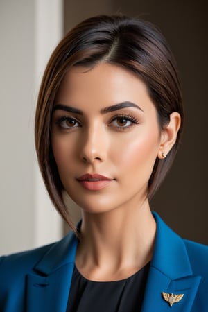 Vertical photograph of a stunning Indian woman in her 30s, sporting a trendy wolf cut brown hairdo. She's dressed to impress in a sleek, high-neckline blue business suit, exuding determination and confidence. Her eyes gleam with a hint of mischief, reminiscent of Anne Hathaway's iconic performances. The formal setting is juxtaposed against the subtle playfulness of her facial expression, creating an intriguing contrast. Soft, even lighting illuminates her features, emphasizing the sharp angles of her jawline and the smooth texture of her hair. The composition is clean and modern, with a shallow depth of field isolating our subject's captivating presence.