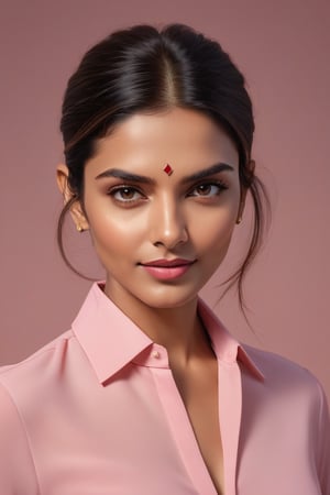 Vertical portrait of a stunning Indian woman in her 30s, dressed in a sun-kissed pink shirt dress, exuding confidence and determination. Her Trendsetter wolf-cut brown hair falls softly around her face, framing her striking features. Deepika Padukone-esque charm radiates from her soft smile and full lips, which seem to hint at a thousand secrets. Her black eyes gleam with intensity, as if plotting the next big move in the corporate world - she's a CEO, after all. The sleek, modern composition is set against a smooth, colorized background, emphasizing the subject's sharp jawline and chiseled features. Every detail, from the subtle highlights on her hair to the delicate folds of her dress, is rendered with hyper-realistic precision, making this digital art piece truly breathtaking.