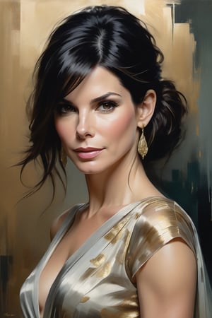 Sandra Bullock's portrait by Jeremy Mann: Anne, donning an elegant blouse and flowing transparent saree against a subtle background, poses confidently. Her Trendsetter wolf cut black hair cascades down her back like a waterfall, framing her 38C bust. Volumetric lighting accentuates her facial curves while heavy brushstrokes and layered shading create textured layers. The golden ratio guides the eye to her symmetric eyes radiating determination. Rich colors bring this masterpiece to life with perfect composition and sharp focus adding depth and dimensionality.