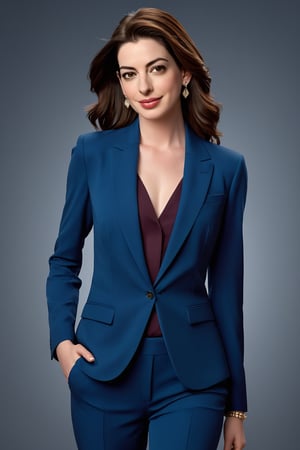 A stunning Indian woman in her 30s stands confidently against a subtle gradient background, her trendy wolf-cut brown hair styled in effortless waves. Her piercing eyes gleam with determination as she poses formally in a sleek blue business suit, exuding modern sophistication. The lighting is soft and even, accentuating the high definition details of her features. Inspired by Anne Hathaway's elegance, this digital artwork captures the subject's confident stride and captivating smile.