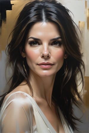 Jeremy Mann's oil painting masterclass: Sandra Bullock's stunning portrait, set against a subtle gradient background, showcases her regal presence. The Trendsetter wolf cut hair flows like a waterfall down her back, while the blouse and saree frame her 38C bust. Volumetric lighting accentuates her gentle features as heavy brushstrokes and layered shading create a textured, otherworldly atmosphere. Golden ratio guides the viewer's gaze to her determined eyes, radiating a fairy-like tone. Rich colors bring depth and dimensionality to this award-winning masterpiece.