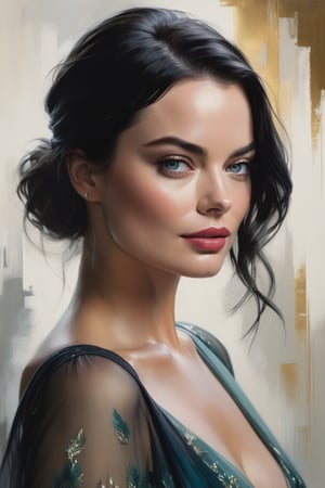 Margot Robbie's portrait by Jeremy Mann: Anne, donning an elegant blouse and flowing transparent saree against a subtle background, poses confidently. Her Trendsetter wolf cut black hair cascades down her back like a waterfall, framing her 38C bust. Volumetric lighting accentuates her facial curves while heavy brushstrokes and layered shading create textured layers. The golden ratio guides the eye to her symmetric eyes radiating determination. Rich colors bring this masterpiece to life with perfect composition and sharp focus adding depth and dimensionality.