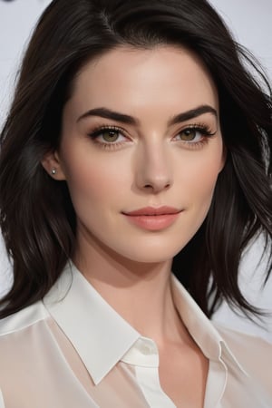 Vertical Composition: A Close-Up Portrait of a Powerful Woman.

A sun-kissed woman in her 20s, donning a sleek dress shirt and a sharp jawline, commands attention. Her determined gaze, reminiscent of Anne Hathaway's intensity, is framed by a subtle smile, hinting at a confidence that can't be shaken. Dark eyes seem to bore into the camera, as if challenging the viewer to match her level of sophistication.

Her raven-black locks are styled in a trendy wolf cut, framing her heart-shaped face and adding to her allure. A soft sheen to her lips and skin gives off a radiant glow, as if infused with an inner light. The color palette is a masterclass in restraint, with a focus on rich neutrals that allow the subject's stunning features to take center stage.

In this highly detailed, hyper-realistic portrait, every strand of hair, every eyelash, and every fold of skin seems to have been meticulously crafted by a skilled digital artist. The result is an image that appears almost three-dimensional, inviting the viewer to step into its sleek, modern world.