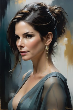 In Jeremy Mann's oil painting masterclass, Sandra Bullock's portrait reigns supreme against a soft gradient backdrop, exuding regal presence. Her Trendsetter wolf cut hair cascades down her back like a waterfall, while the blouse and saree frame her 38C bust with elegance. Volumetric lighting highlights her gentle features, as heavy brushstrokes and layered shading create a textured, otherworldly atmosphere. The golden ratio guides the viewer's gaze to her determined eyes, radiating a fairy-like tone. Rich colors bring depth and dimensionality to this award-winning masterpiece.