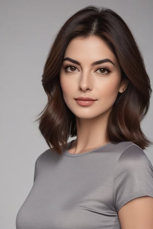 A close-up vertical shot of a stunning Indian woman in her 30s, clad in a sleek T-shirt dress, exudes confidence and poise. Her determined gaze, reminiscent of Anne Hathaway's intensity, is framed by luscious, chestnut-brown hair styled in a trendy wolf cut. Her black eyes sparkle with charm, as she sports a soft smile and subtle lip curves. The colorized portrait is rendered in smooth, high-definition digital art, showcasing every detail from the gentle curve of her nose to the delicate contours of her cheekbones. Against a neutral background, this Trendsetter CEO embodies modern elegance and sophistication.