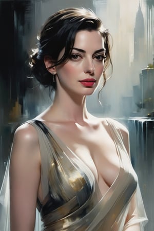 Anne Hathaway's portrait by Jeremy Mann: Anne, donning an elegant blouse and flowing transparent saree against a subtle background, poses confidently. Her Trendsetter wolf cut black hair cascades down her back like a waterfall, framing her 38C bust. Volumetric lighting accentuates her facial curves while heavy brushstrokes and layered shading create textured layers. The golden ratio guides the eye to her symmetric eyes radiating determination. Rich colors bring this masterpiece to life with perfect composition and sharp focus adding depth and dimensionality.