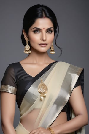 Here is a hyper-realistic vertical photo of an Indian woman in her 40s:

A stunning Indian woman, reminiscent of Sandra Bullock, stands confidently against a subtle gradient background. Her wolf-cut black hair, styled with a hint of messy chic, frames her determined face. Her eyes, like polished onyx, sparkle with a fairy tone intensity.

She wears a black transparent saree that drapes elegantly around her 36D curves, accentuating her modern and sleek physique. The formal pose exudes confidence and poise, as if she's ready to conquer the world. The camera captures every detail of her highly polished features, from the delicate freckles on her cheeks to the subtle curve of her eyebrows.

The lighting is soft and even, with a hint of golden glow that enhances her natural beauty. The composition is clean and minimalist, focusing attention solely on this Trendsetter's captivating presence.