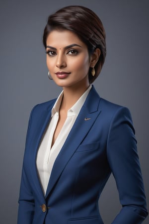 Vertically-framed portrait of a stunning Indian woman in her 30s, sporting a trendy 'wolf cut' brown hairdo. She exudes confidence and determination, dressed to impress in a sharp blue business suit that accentuates her curves. Her eyes sparkle with a hint of mischief, reminiscent of Anne Hathaway's captivating gaze. The sleek, modern composition is set against a neutral background, allowing the subject to take center stage. Highly detailed textures and subtle lighting effects bring forth a hyper-realistic quality, making this digital artwork stand out on ArtStation.