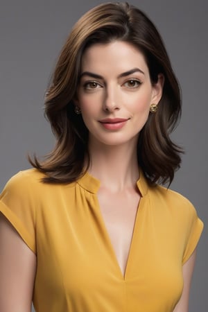 Vertical portrait of a stunning Indian woman in her 30s, dressed in a sun-kissed yellow shirt dress, exuding confidence and determination. Her Trendsetter wolf-cut brown hair falls softly around her face, framing her striking features. Anne Hathaway-esque charm radiates from her soft smile and full lips, which seem to hint at a thousand secrets. Her black eyes gleam with intensity, as if plotting the next big move in the corporate world - she's a CEO, after all. The sleek, modern composition is set against a smooth, colorized background, emphasizing the subject's sharp jawline and chiseled features. Every detail, from the subtle highlights on her hair to the delicate folds of her dress, is rendered with hyper-realistic precision, making this digital art piece truly breathtaking.