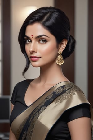 create a hyper realistic vertical photo of Indian most attractive woman in her 30s, Trendsetter wolf cut black hair, trending on artstation, portrait, digital art, modern, sleek, highly detailed, formal, determined, wearing saree, in luxurious office, 36D , fairy tone, fair skin, flirty gaze, anne hathway