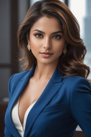 A striking vertical photograph captures the essence of a stunning Indian woman in her 20s. Her rich, light brown hair falls in effortless waves down her back, framing her chiseled features. Wearing a sleek blue business suit that accentuates her toned physique, she exudes determination and confidence. Her bright eyes sparkle with a fairy-like quality, reminiscent of Sandra Bullock's captivating gaze. As the camera captures her from directly above, her 36D bust is showcased in stunning detail, highlighting her impressive figure. The formal setting, replete with subtle lighting and modern composition, further emphasizes her poised presence, making this image an instant masterpiece on ArtStation.