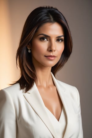 Close-up portrait of an Indian woman in her 30s with a trendsetting wolf-cut brown hairdo, donning a stunning white business suit that exudes determination and confidence. Her gaze is direct, yet soft, reminiscent of Sandra Bullock's signature elegance. Framed by a shallow depth of field, the subject's sharp features are showcased against a neutral, gradient-blurred background, allowing her to take center stage. Softbox lighting casts a flattering glow on her skin tone, while the suit's subtle sheen adds dimensionality. The overall atmosphere is one of modern sophistication and poise.