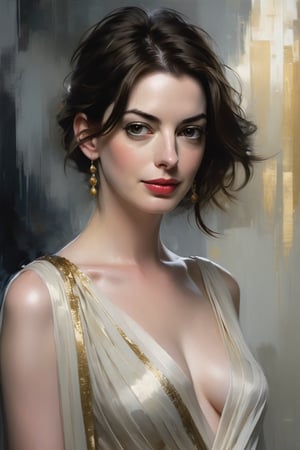 A portrait of Anne Hathaway by Jeremy Mann: Softly lit, Anne's elegant blouse and flowing saree blend harmoniously against a subtle background. Her Trendsetter wolf cut hair cascades down her back like a waterfall, framing her 38C bust. Volumetric lighting highlights facial curves while heavy brushstrokes and layered shading create textured depth. Golden ratio guides the eye to symmetric eyes radiating determination. Rich colors bring this masterpiece to life with perfect composition and sharp focus adding dimensionality.