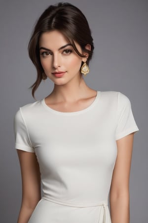 Vertical composition of a stunning Indian woman in her 20s, donning a fitted T-shirt and flowing dress, exudes modern sophistication. Her determined gaze, reminiscent of Anne Hathaway's intensity, is softened by a subtle smile. Luscious wolf-cut brown hair cascades down her back, framing her striking features: piercing black eyes, plump soft lips, and porcelain skin. The subject's serious demeanor is tempered by the slightest upturn at the corners of her mouth, conveying a sense of quiet confidence. The scene is bathed in warm, colorized lighting, accentuating the model's sleek physique and trendy style, making her a true trendsetter.