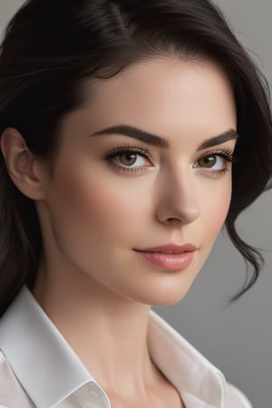 Vertical Composition: A Close-Up Portrait of a Powerful Woman.

A sun-kissed woman in her 20s, donning a sleek dress shirt and a sharp jawline, commands attention. Her determined gaze, reminiscent of Anne Hathaway's intensity, is framed by a subtle smile, hinting at a confidence that can't be shaken. Dark eyes seem to bore into the camera, as if challenging the viewer to match her level of sophistication.

Her raven-black locks are styled in a trendy wolf cut, framing her heart-shaped face and adding to her allure. A soft sheen to her lips and skin gives off a radiant glow, as if infused with an inner light. The color palette is a masterclass in restraint, with a focus on rich neutrals that allow the subject's stunning features to take center stage.

In this highly detailed, hyper-realistic portrait, every strand of hair, every eyelash, and every fold of skin seems to have been meticulously crafted by a skilled digital artist. The result is an image that appears almost three-dimensional, inviting the viewer to step into its sleek, modern world.