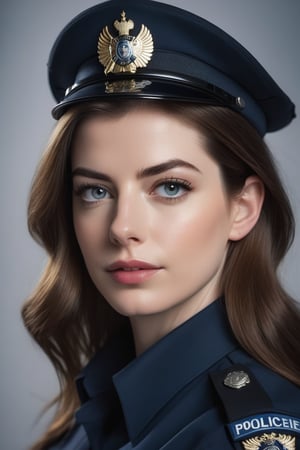 a breathtakingly beautiful caucasian woman Anne hathway from Russian, loose hair, big 
 buttock,female police  uniform, perfect symmetric eyes, natural skin texture, hyperrealism, soft light, sharp, 8k hdr, dslr, high contrast, cinematic lighting, high quality, film grain, Fujifilm XT3