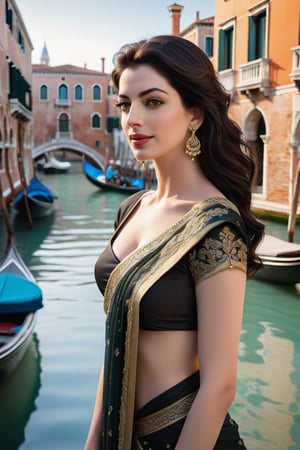 A stunning Indian woman with a wolf cut black hair, trendsetter of her era, stands majestically against the romantic backdrop of Venice City, France's canalside beauty. Her formal saree, adorned with intricate patterns, shimmers in the soft fairy tone light as she wears it with confidence. Fair skin glows with a subtle sheen and piercing gaze exudes determination. Framed vertically, her 36D curves take center stage against ancient architecture, Anne Hathaway-like features radiating self-assurance.