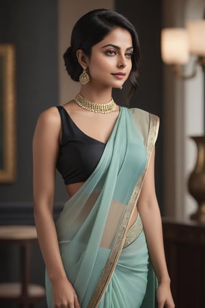 Vertical shot of a stunning Indian woman in her early twenties, Trendsetter's wolf cut black hair styled in effortless perfection. Soft, ethereal fairy tones illuminate her determined gaze, as she confidently wears a sleek, modern saree that showcases her toned physique. The camera captures the subtle curve of her 36D bust and a tantalizing navel show, exuding confidence and poise. The formal setting is juxtaposed with her playful, artistic vibe, reminiscent of Willa Holland's bold style. High-fashion details abound in this digitally rendered masterpiece, trending on Artstation for its hyper-realistic portrayal.