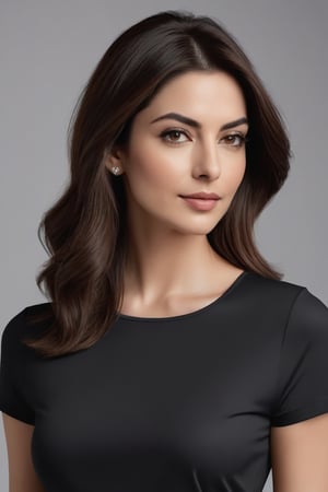 A close-up vertical shot of a stunning Indian woman in her 30s, clad in a sleek T-shirt dress, exudes confidence and poise. Her determined gaze, reminiscent of Anne Hathaway's intensity, is framed by luscious, chestnut-brown hair styled in a trendy wolf cut. Her black eyes sparkle with charm, as she sports a soft smile and subtle lip curves. The colorized portrait is rendered in smooth, high-definition digital art, showcasing every detail from the gentle curve of her nose to the delicate contours of her cheekbones. Against a neutral background, this Trendsetter CEO embodies modern elegance and sophistication.