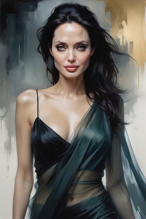 Angelina Jolie's portrait by Jeremy Mann: Anne, donning an elegant blouse and flowing transparent saree against a subtle background, poses confidently. Her Trendsetter wolf cut black hair cascades down her back like a waterfall, framing her 38C bust. Volumetric lighting accentuates her facial curves while heavy brushstrokes and layered shading create textured layers. The golden ratio guides the eye to her symmetric eyes radiating determination. Rich colors bring this masterpiece to life with perfect composition and sharp focus adding depth and dimensionality.