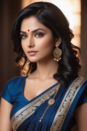 Here's a prompt for creating a hyper-realistic vertical photo of the Indian woman:

Photograph a stunning Indian woman in her 40s with a trendy wolf-cut black hairstyle, styled on Artstation. She wears a formal yet modern outfit consisting of a blue saree (with intricate embroidery) and a gym dress layered underneath, evoking a sense of strength and sophistication. Her piercing eyes gleam with determination as she poses confidently, showcasing her luscious 36D bust. The fairy tone of the setting sun casts a warm glow on her flawless complexion, illuminating the subtle contours of her features. Capture this trendsetter's striking pose against a sleek, high-contrast background, emphasizing the sharpness and detail of her striking features.