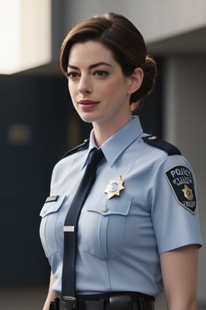 Anne Hathaway stands confidently in a female police uniform, her loose hair cascading down her back like golden silk. Her big buttocks subtly emphasized by the fitted uniform, as she poses with perfect symmetry between her sharp, striking eyes and natural skin texture. Soft light wraps around her, highlighting the contours of her face and body. Shot on 8K HDR DSLR camera, with Fujifilm XT3's high contrast capabilities capturing every detail. Cinematic lighting adds depth and dimensionality, with a touch of film grain for added authenticity.