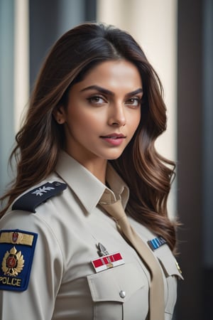 a breathtakingly beautiful caucasian woman Deepika Padukone from Russian, loose hair, big 
 buttock,female police  uniform, perfect symmetric eyes, natural skin texture, hyperrealism, soft light, sharp, 8k hdr, dslr, high contrast, cinematic lighting, high quality, film grain, Fujifilm XT3