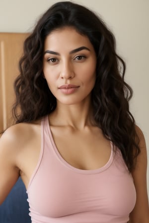 Photorealistic portrait of a 35-year-old egyptian woman with black very curly hairstyle . she has extremely curly hair. She has brown eyes.She is natural. She should have a small and narrow nose with great cheekbone structure. She is natural and ultrarealistic. In the background is a plain white living room wall. Pink tank top, black yoga shorts, full body, hourglass figure, big eyes, full lips,