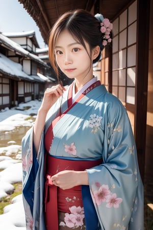 JENNY,a woman, Shirakawago Village, traditional Japanese costume, cultural richness, traditional Japanese hairstyle, hairpins, ornaments, thatched-roof houses, cherry blossoms, snow-covered landscapes, best quality, 4k, 8k, highres, masterpiece, ultra-detailed, realistic, photorealistic, HDR, UHD, studio lighting, sharp focus, physically-based rendering, extreme detail description, professional, vivid colors, bokeh, traditional Japanese artistic style, cultural, realistic, harmonious earthy tones, greens, browns, subtle pastels, natural beauty, changing seasons, delicate pinks, pristine whites, soft natural light, rustic charm, woman, traditional Japanese attire, kimono, indigo, delicate flower pattern, bold crimson obi belt, elegant hair style, ornamental kanzashi, cultural heritage, subtle makeup, natural beauty, kind eyes, historical wooden house, verdant hills, peaceful setting, Japan, historic village, cultural festival, tradition, timeless beauty, Japanese landscape