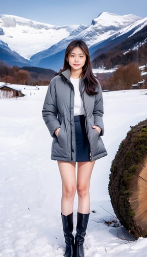 cute girl, long hair, grey winter coat fashion, black short skirt, boots, Standing on wood log, switzerland, snowy mountains background, blue sky, 4K, ultra HD, RAW photo, realistic, masterpiece, best quality, beautiful skin, white skin, 50mm, medium full shot, outdoor, full body, photography, Portrait, ,chinatsumura, high fashion,JENNY