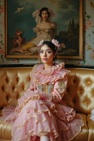  there is a woman sitting on a couch with a pink dress, melanie martinez, neo-rococo expressionist style, inspired by Louis Le Nain, neo rococo expressionist, rococo style portrait, inspired by Cindy Sherman, # rococo, monia merlo, inspired by Federico Barocci, in style of tim walker, jovana rikalo, close up