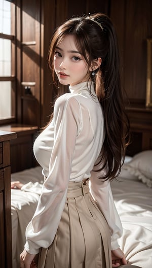 A stunning Korean girl posing elegantly in a front shot. Beautiful and delicate light illuminates her pale skin, accentuating her big smile and dreamy expression. Her brown eyes sparkle with softness as she gazes directly at the camera. Long, luscious brown hair cascades down her back, tied up in a high ponytail. She wears a sheer tencel wool brushed women's neck polar turtleneck and pleated skirt, accessorized with fantasy-inspired jewelry. Her tall, large frame is draped in elegance, as if she's floating on a cloud of beauty. The 8k art photo captures her photorealistic concept art portrait with precision and realism.