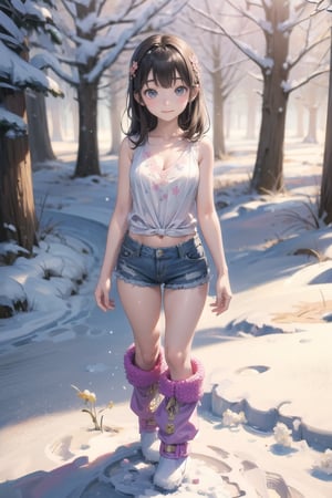 主：(foggy woods),((Full body image)),
人：1litte 1kid 7yo gril (Child:1.2),
體：Beautiful girly body proportions,smaller body frame,
髮：(long hair),
服：(((Low-cut collarless and sleeveless sweater with floral pattern))),(((Sheer sleeveless sweater))),(((deep V low neckline))),(very short denim hot pants),(((snow boots))),Ancient costume