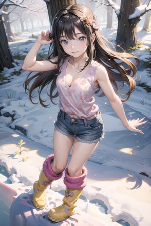 主：(foggy woods),((Full body image)),
人：1litte 1kid 7yo gril (Child:1.2),
體：Beautiful girly body proportions,smaller body frame,
髮：(long hair),
服：(((Low-cut collarless and sleeveless sweater with floral pattern))),(((Sheer sleeveless sweater))),(((deep V low neckline))),(very short denim hot pants),(((snow boots))),