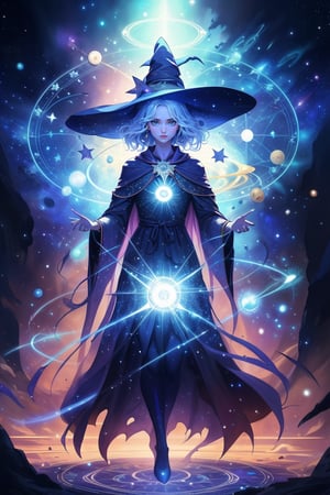 Generate a super beautiful image Magician (Supermodel). She stands on the six-pointed star magic circle, wearing a witch hat, holding an ancient magic wand in her left hand, raising her right hand to perform powerful magic, space background, magic special effects, light particles, illustration, portrait, fantasy, DonMM4g1c