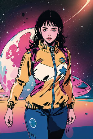 a girl, thunder yellow jacket, tight suit,Space helm of the 1960s,and the anime series G Force of the 1980s,Darf Punk wlop glossy skin, ultrarealistic sweet girl, space helm 60s, holographic, holographic texture, the style of wlop, space, 