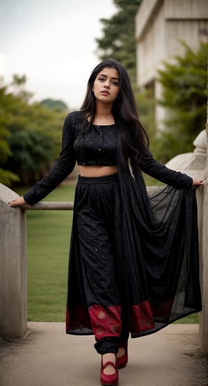 Lovely cute young attractive indian  girl, 22 years old, cute long black_hair,  black  hair,  They are wearing a black , patterned indian suit and black salwar , Red shoes. party