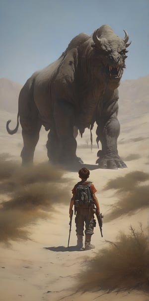 A lone boy stands tall in the vast desert expanse, his worn rifle held firmly at the ready as he surveys the dusty terrain. In the distance, a massive monster rises from the sand, its scales glistening in the harsh sunlight. The boy's eyes narrow, focusing on the beast as he prepares to face this terrifying foe.