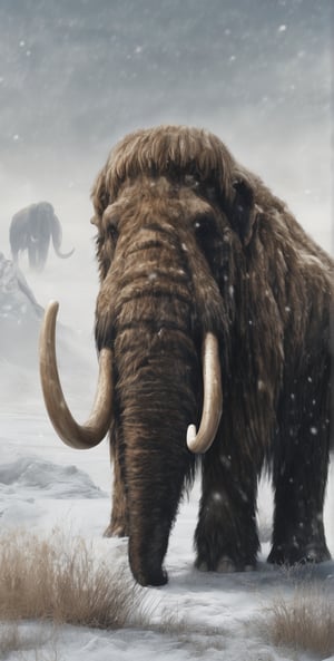 an image of a woolly mammoth in a foggy, wintry plain, the mammoth must have an imposing presence that notices its massive size, with long tusks, rocks in the background and a ground with snow, dirt and dry grass, the mammoth's fur must be dense brown color, distinction of the beauty of nature.

