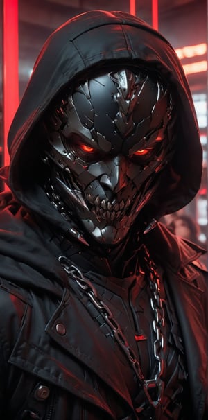 a close-up of a man with a metal jaw, hooded, black hood. the man must have an irritable face, red eyes, this while he is in a club full of red neon with people dancing behind him. 