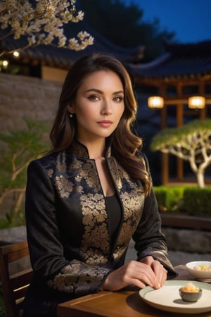 A captivating 30 year old caucasian mix Eurasian beauty, with hazel eyes sparkling like precious gemstones and dark brown hair. wearing a black brocade modern mandarin collar jacket. seated in a zen garden at night with rustic furnitures. Renovation of garden is minimalism. table with some dim sum. some lighting, time of day is at night.