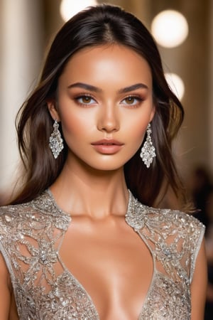 A captivating and enchanting Eurasian beauty, with hazel eyes sparkling like precious gemstones and dark brown hair. She is modelling and doing a catwalk in a fashion show in milan. full frontal view, in a fashion show background