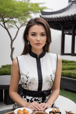 A captivating 30 year old caucasian mix Eurasian beauty, with hazel eyes sparkling like precious gemstones and dark brown hair. wearing a black and white printed modern mandarin collar dress. seated in a zen garden with white surroundings. location inside a clean white zen garden with minimum rustic furniture. table with some dim sum. some lighting, to is at night.