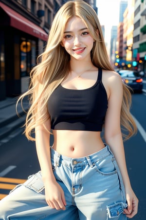 beautiful girl, soft dark blonde long hair, A stunning Korean fashionista posing with the street background, her soft dark blonde locks cascading like a waterfall as she wears an oversized crop top and loose cargo pants in a bold street style statement. Her radiant smile beams with confidence under warm face lighting. In a photorealistic 32k image, every detail is meticulously rendered: finely detailed eyes sparkle, perfect hands grasp the hems of her pants, and fingers are delicate yet strong. Sharp focus brings out the intricate textures and high-quality composition captures her full-body frontal view in a breathtakingly realistic portrayal.